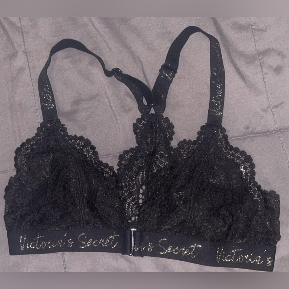 Victoria's Secret Black Lace Bralette with Gold Glitter Script